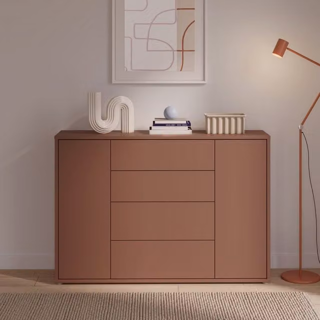 Furniture To Go Alice Springs Wide Sideboard with 4 Drawers and 2 Push-Open Doors in Sand and Orange