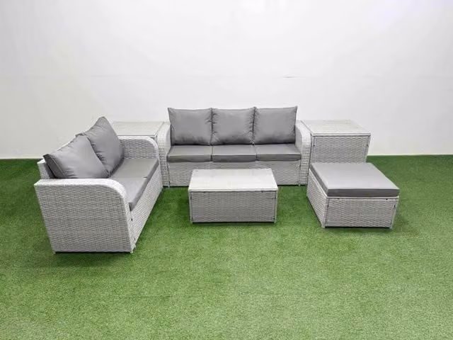 Fimous 6 Seater Grey PE Rattan Wicker Garden Furniture Set with Rectangular Coffee Table, 3 Seater Sofa, Love Seat and Large Footstool