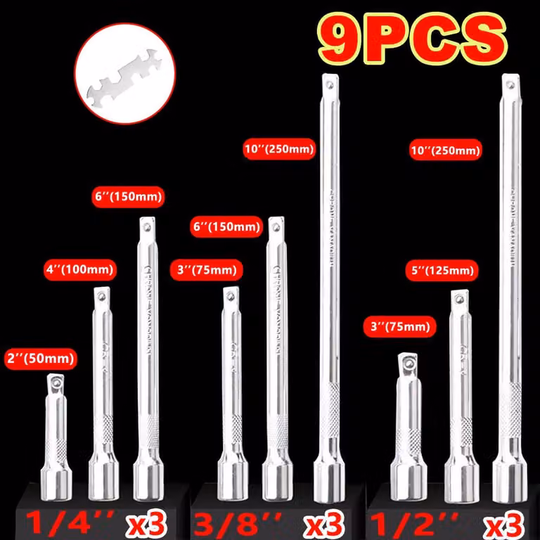 Kelvenix 9-Piece Chrome Vanadium Steel Extension Bar Set with 1/4", 3/8" and 1/2" Drives in Silver