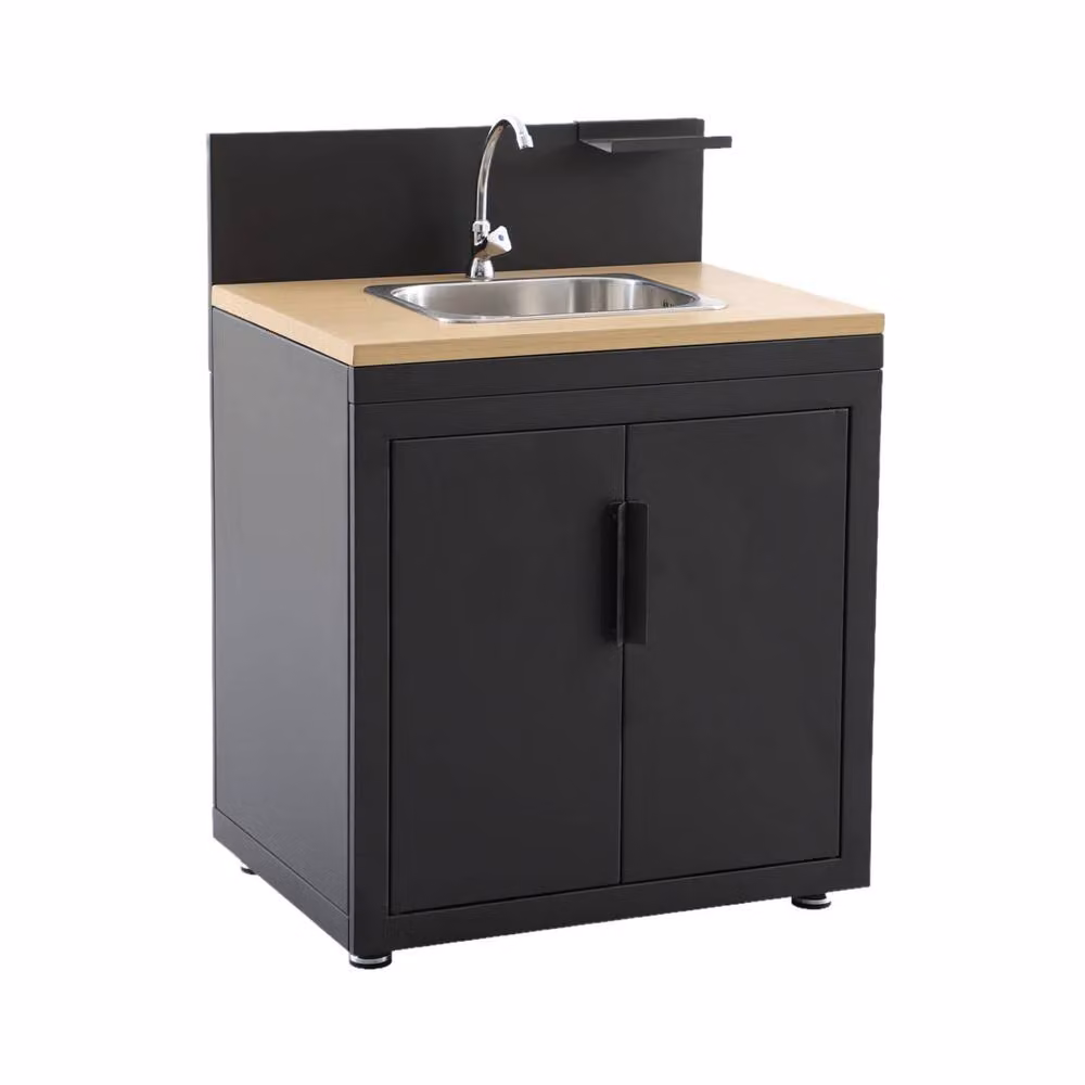 sweeek Outdoor Kitchen in Black with Steel and Wood Decor, 1 Sink, 2 Doors and 1 Hook, W: 80 cm, D: 60 cm, H: 110 cm – 2