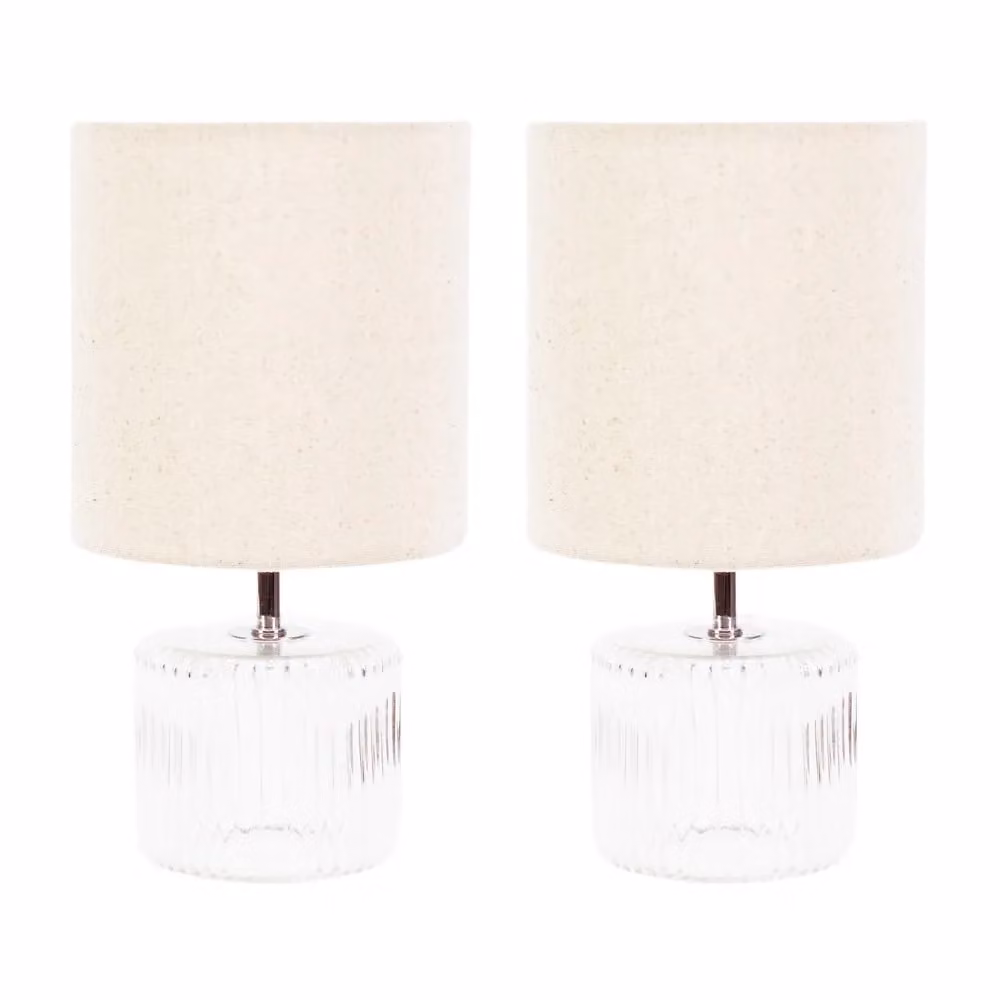 ValueLights Betty Pair of Transparent Glass Table Lamps with Beige Fabric Shades – 2