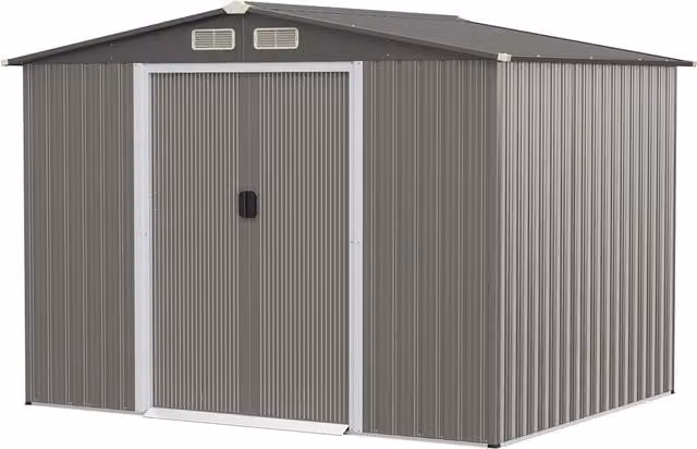 Gymax Galvanised Steel Tool Shed with Foundation and Double Doors, Beige, W: 260 cm, H: 180 cm
