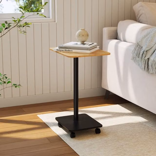 Livingandhome Minimalist Side Table with Lockable Castors in Light Walnut