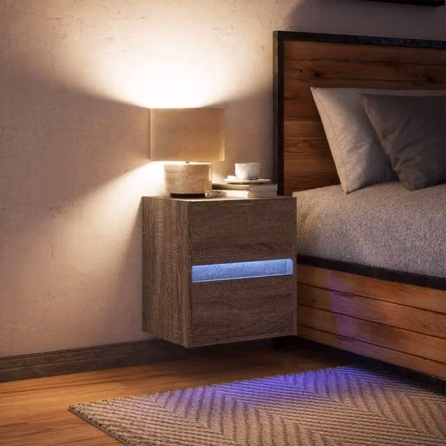 Berkfield Home Wall-mounted Bedside Cabinet with Integrated LED Lights in Brown Oak – 1