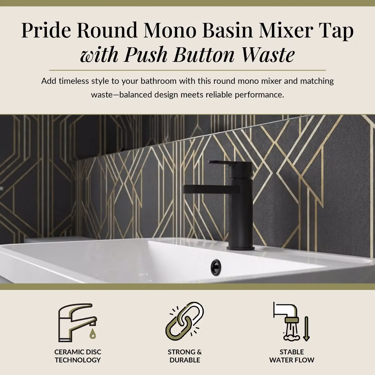 Balterley Pride Round Mono Basin Mixer Tap with Push Button Waste, Matt Black – 2