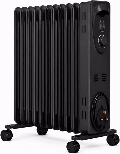 Mylek Freestanding Oil Filled Radiator in Grey and Black with Thermostat, Tilt and Overheat Protection, H 55 cm x W 46 cm x D 24 cm