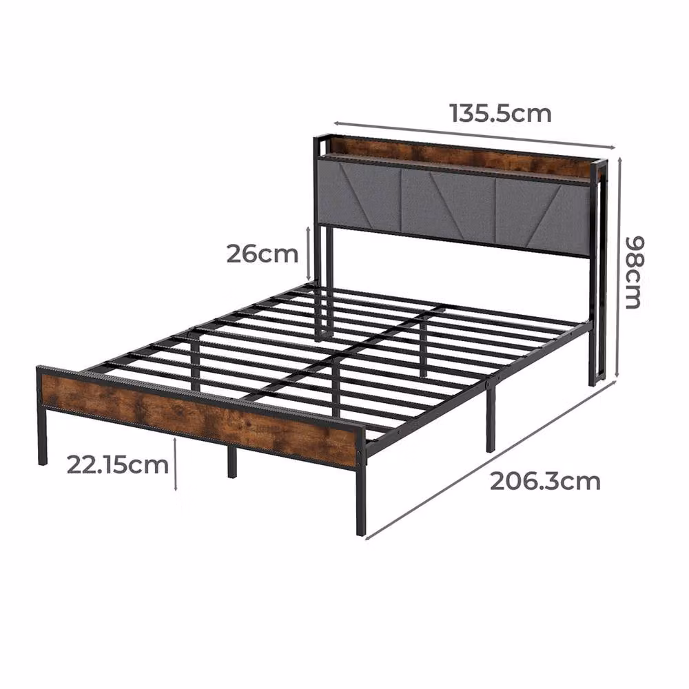Levede Modern Upholstered Metal Bed Frame with Side Compartments and Bedside Shelf in Brown, W/D/H: 90.5 x 190 x 30 cm – 4