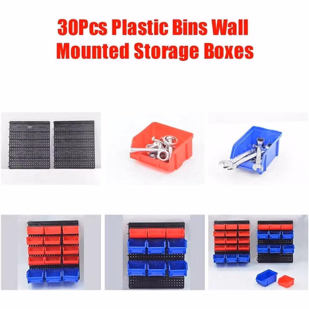 NESTLUNE 30-Piece Multicolour Wall Mounted Garage and Workshop Storage Bins, Plastic, Width: 52 cm, Height: 30 cm, Depth: 5.2 cm – 3