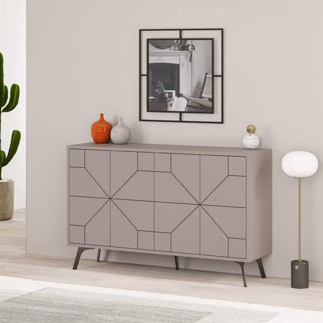 Decortie Dune Modern Four Door Sideboard in Grey with Metal Legs, W: 123 cm