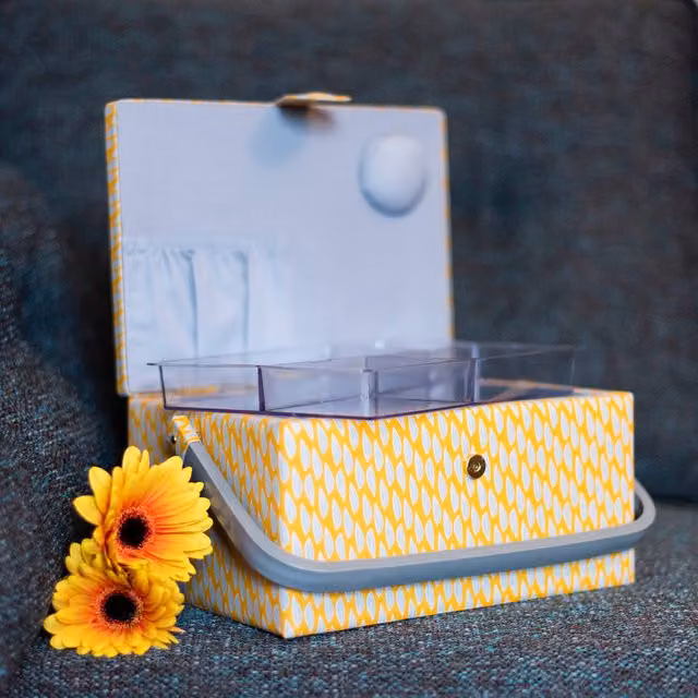 Korbond Fabric Sewing Basket with Handles in Yellow and Grey
