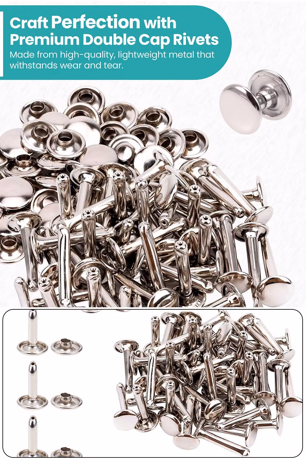 Neel Blue Silver Double Cap Rivets, Extra Long Tubular Brass Studs, 50 Pieces, W: 10 mm, H: 18 mm – 4