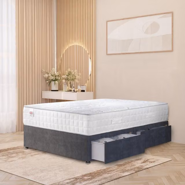Horizona Grey Velvet Upholstered Hybrid Divan Bed with Drawers W/D/H: 90 x 190 x 34.5 cm