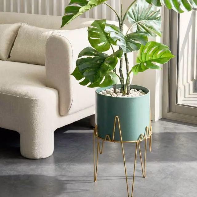 Wyld and Coco Green and Gold Metal Plant Stand, W/D/H: 28 x 28 x 50 cm