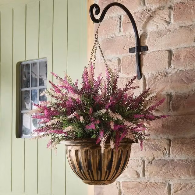 Coopers of Stortford Artificial Pink and Purple Heather Hanging Basket with Bronze-Effect Planter – 1
