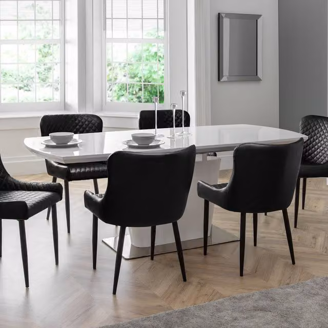 Julian Bowen Como White High Gloss Extendable Dining Table and 6 Black Luxe Chairs Set