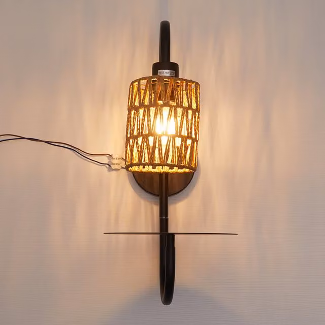 Livingandhome E27 Single Cylinder Wall Light Fixture with Paper Rope and Metal in Black