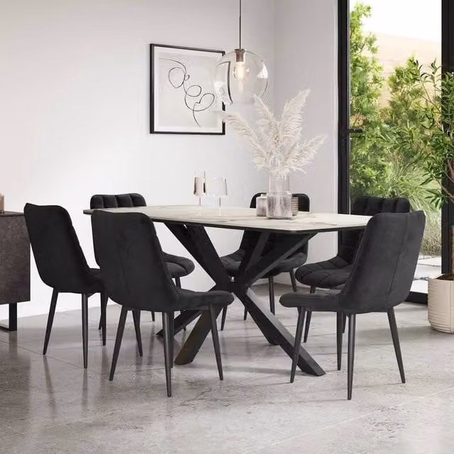 More4Homes Juno Calcutta Gold Ceramic Dining Table and 8 Nova Black Velvet Chairs, W/D/H: 180 x 90 x 75 cm