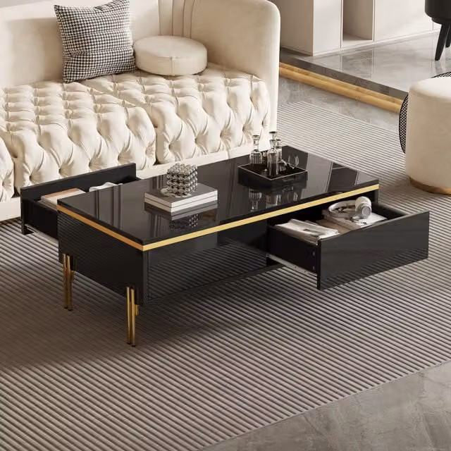 Aosom UK Black and Gold Rectangular Coffee Table with 2 Hidden Drawers, W/D/H: 100 x 50 x 36 cm