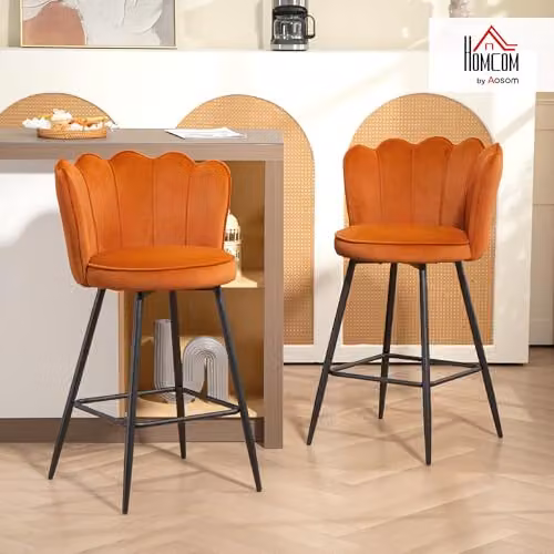 HOMCOM Set of 2 Orange Velvet Bar Stools with Petal Backrest and Metal Footrest – 2
