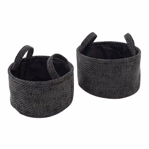 JVL Metro Set of 2 Round Fabric Storage Baskets with Handles, Black and Grey