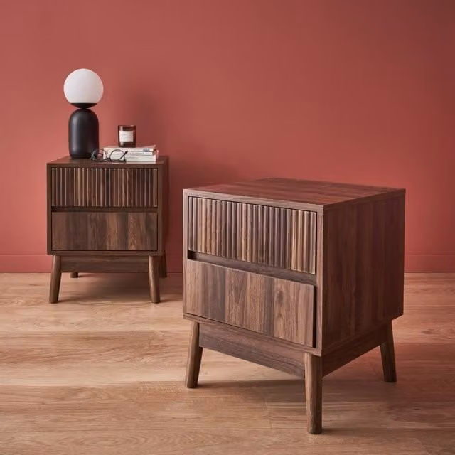 sweeek Pair of Grooved Bedside Tables in Dark Brown Wood Effect – 1