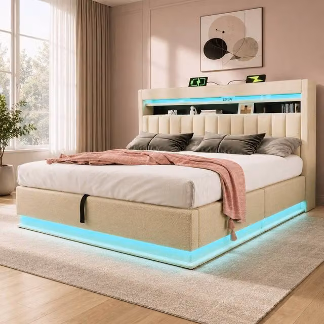 STILVORA Super King Upholstered Bed with LED Lighting, Storage and USB Charging Port in Beige, W: 180 cm, D: 200 cm, H: 111 cm – 1