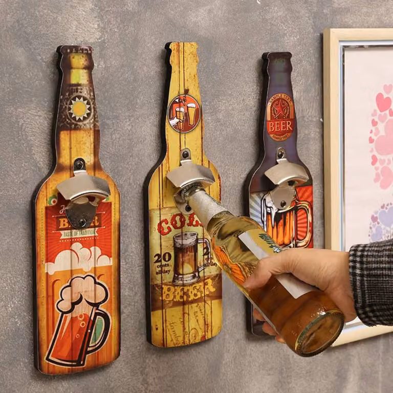 Quipulse Blue Vintage Wall-Mounted Decorative Metal and Wood Bottle Opener