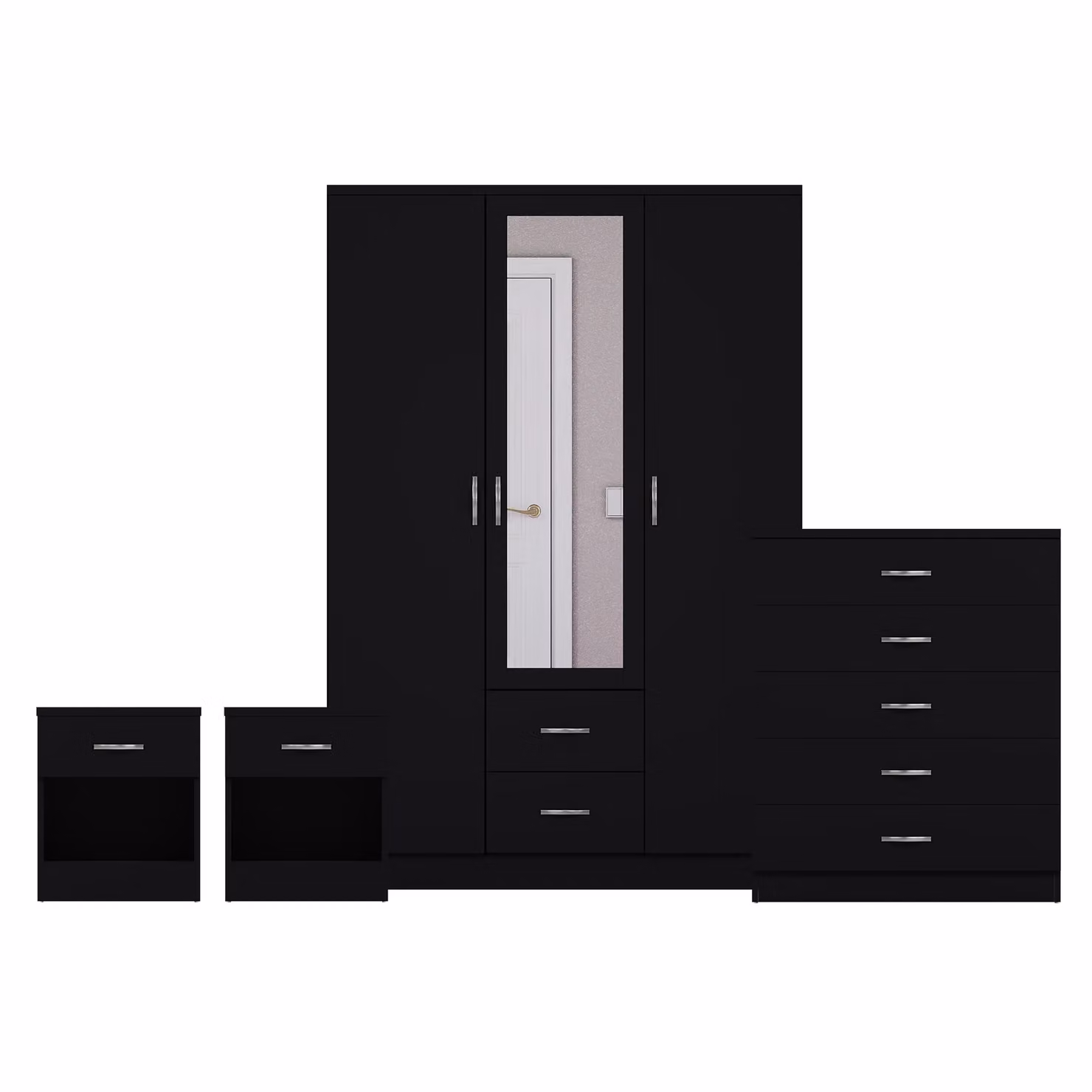 Vida Designs 4 Piece Modern Black Bedroom Set Including 2 Bedside Tables, 5 Drawer Chest and Mirrored Wardrobe – 2