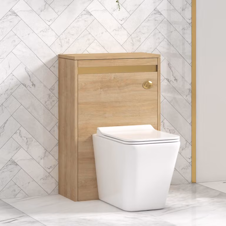 Royal Bathrooms Orion 540mm Natural Oak BTW WC Unit with Elena Rimless Ceramic Toilet Pan, Slim Soft Close Seat and Cistern with Brushed Brass Accent Trim