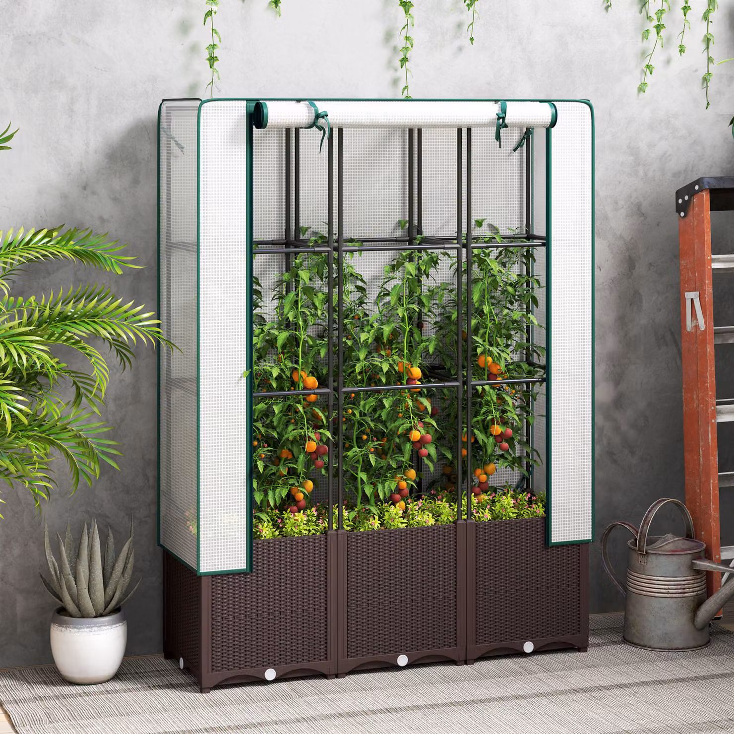 Outsunny Raised Garden Bed with Trellis in Brown, Plastic Planter Box with Drainage Holes for Vegetables and Flowers, W/D/H: 120 x 40 x 140 cm – 2