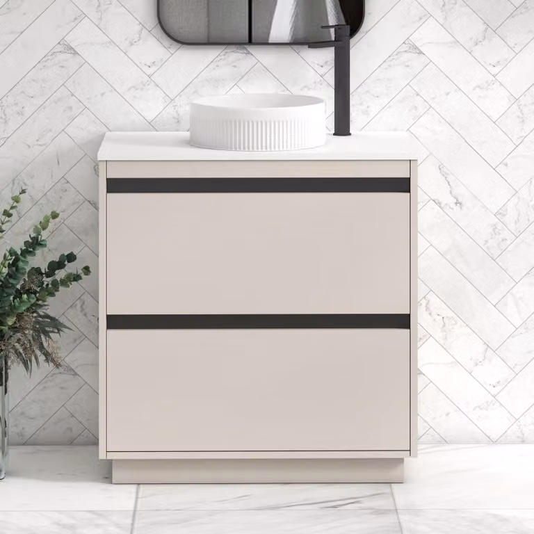 Royal Bathrooms Orion 800mm Warm Taupe Floor Standing 2 Drawer Vanity Unit with Round White Basin and Black Accent Trim
