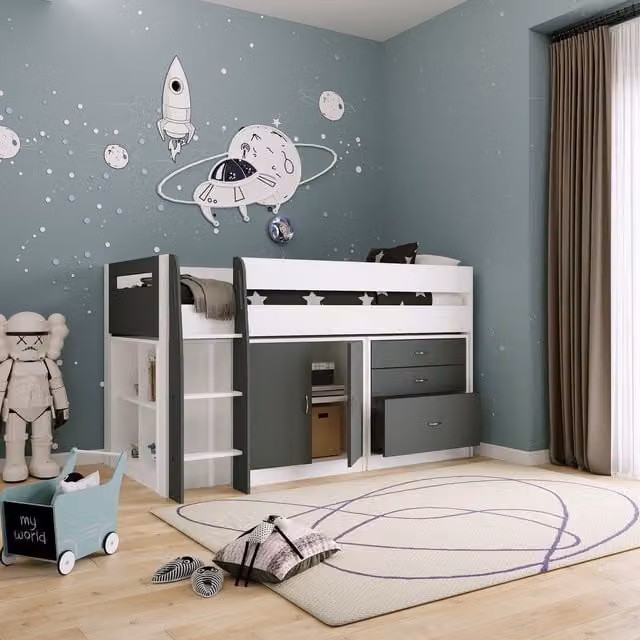 Rest Relax Anderson Kids Mid Sleeper Bed with Storage Drawers in Grey and White