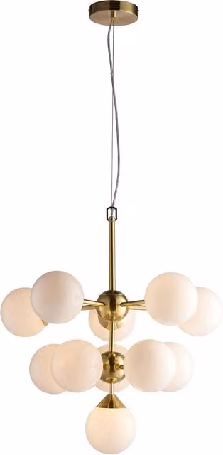 Loops Height Adjustable Ceiling Pendant Light with Satin Brass Plate and Gloss White Glass Spheres, 11 x G9