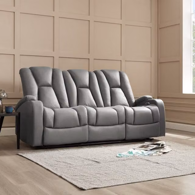 Lynn 3 Seater Electric Recliner Sofa in Dark Grey Air Leather and Fabric with Cup Holders and Sleeping Function