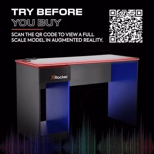 X-Rocker Carbon-Tek RGB LED Gaming Desk with Drawer and PC Storage Shelf in Grey and Blue, W: 120 cm, D: 53.5 cm, H: 75.5 cm – 2