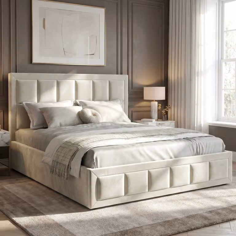 DHS Beige Velvet End Lift Ottoman Storage Bed Frame, Double 4ft6