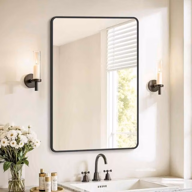 The Bazaarist Wall Mounted Rectangular Bathroom Mirror with Black Aluminium Frame, W: 70.0 cm, H: 50.0 cm