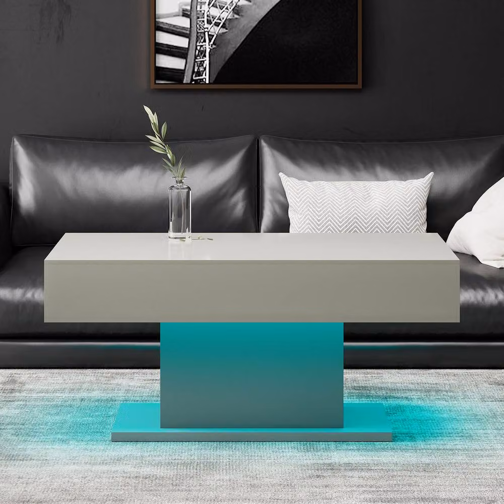 KEEPREAPER Modern Rectangular Coffee Table in Grey with High Glossy Finish and 16-Colour LED Lights – 2