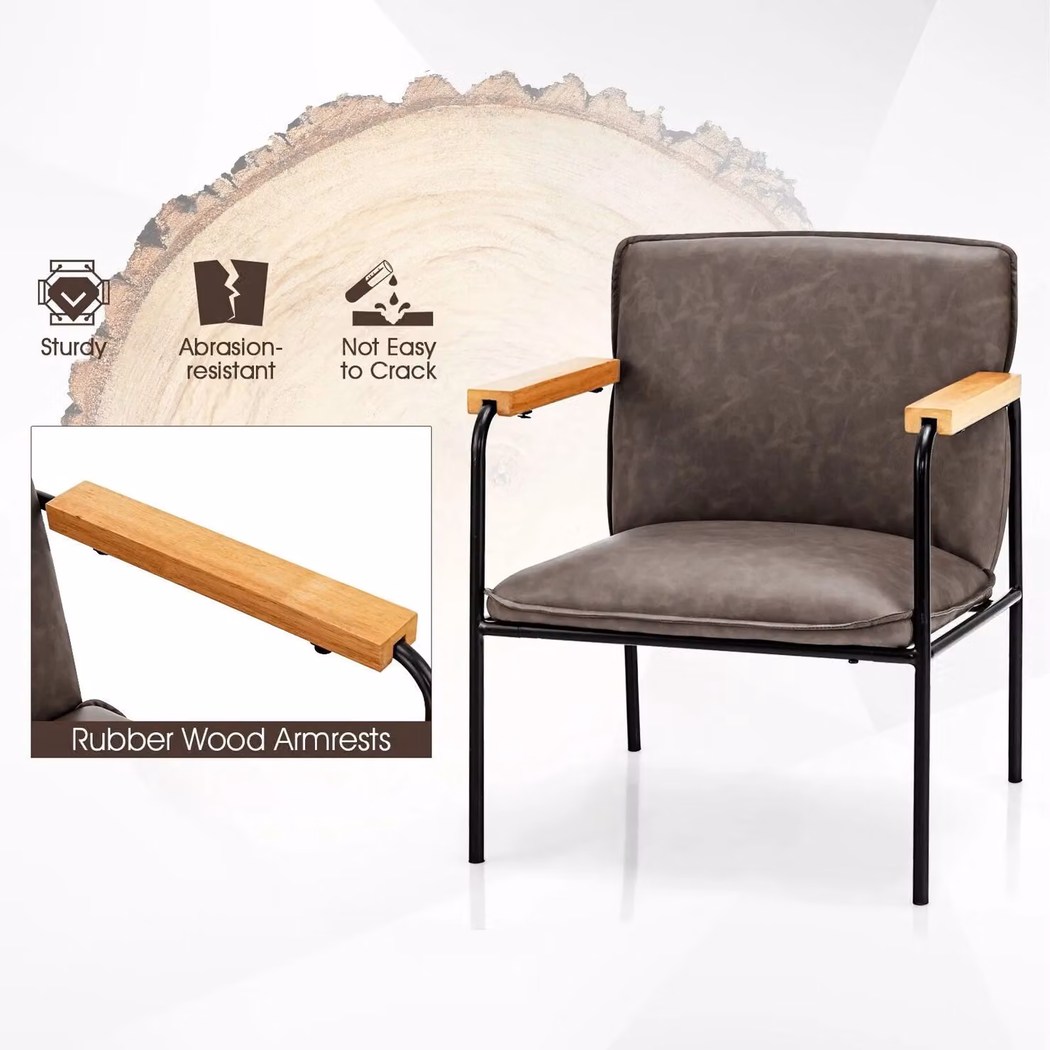 Costway Grey PU Leather Accent Chair with Armrests and Foam Cushion – 3