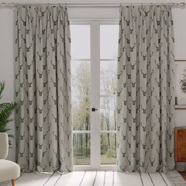 Terrys Opaque Cotton Fabric Panel Curtain with Grey and Beige Animal Graphic