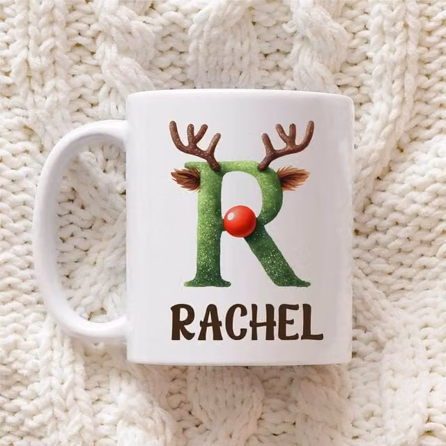 60 SECOND MAKEOVER Personalised Christmas Initial Ceramic Mug in Green with White Reindeer Font