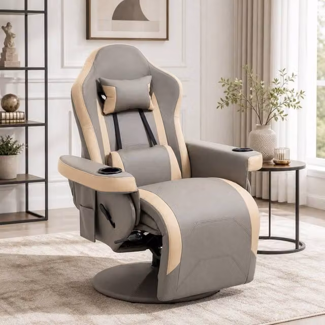 STILVORA Grey Synthetic Leather Recliner Armchair with Integrated Footrest, Cup Holder and Swivel Function