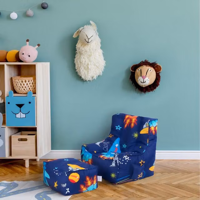 Ready Steady Bed Kids Bean Bag Armchair and Footstool Set in Blue Space Boy Print