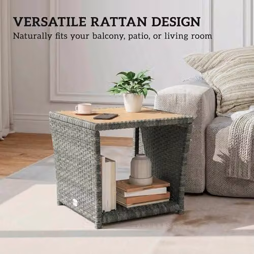 Outsunny 2-Tier PE Rattan Side Table with Storage Shelf in Grey – 7