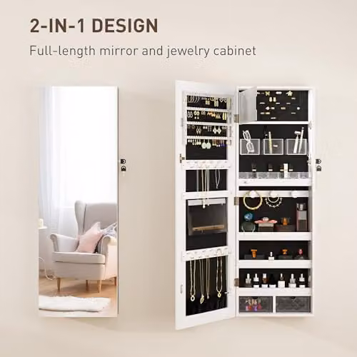 HOMCOM Modern Wall Mounted Jewellery Cabinet with Mirror, LED Lighting and Lock, White and Black, H 108 x W 37 x D 10.5 cm – 3