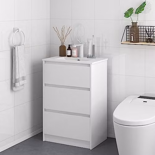 Kleankin 600mm High Gloss White Bathroom Vanity Unit with Basin and 2 Drawers – 2