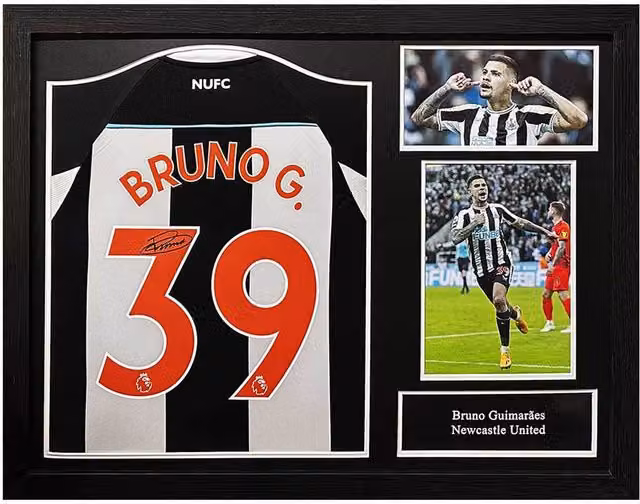 Allstarsignings Bruno Guimaraes Signed and Framed Newcastle United Striped Shirt in Black