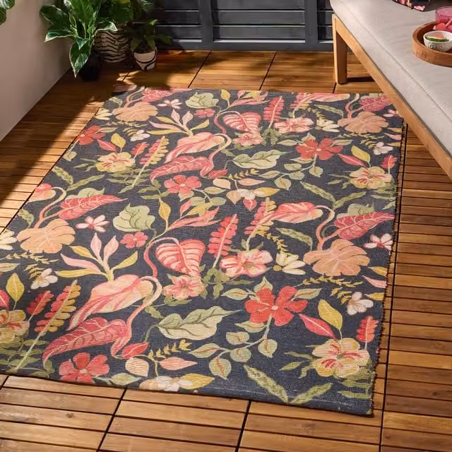 Furn Tropical Bloom UV-Resistant Woven Outdoor Rug, Floral Design, Black and Multicolour, W: 120 cm, L: 170 cm