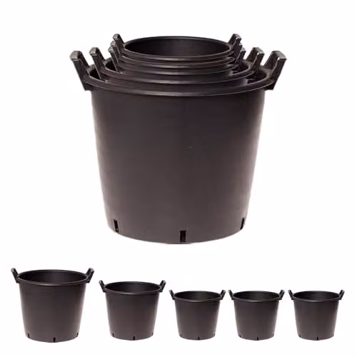 YouGarden Nest of Five Heavy Duty Black Plastic Planters, 3 x 30 Litre, 1 x 35 Litre, 1 x 50 Litre