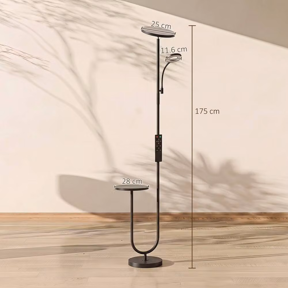 HOMCOM Dimmable Uplighter Floor Lamp with Integrated Table in Black – 3